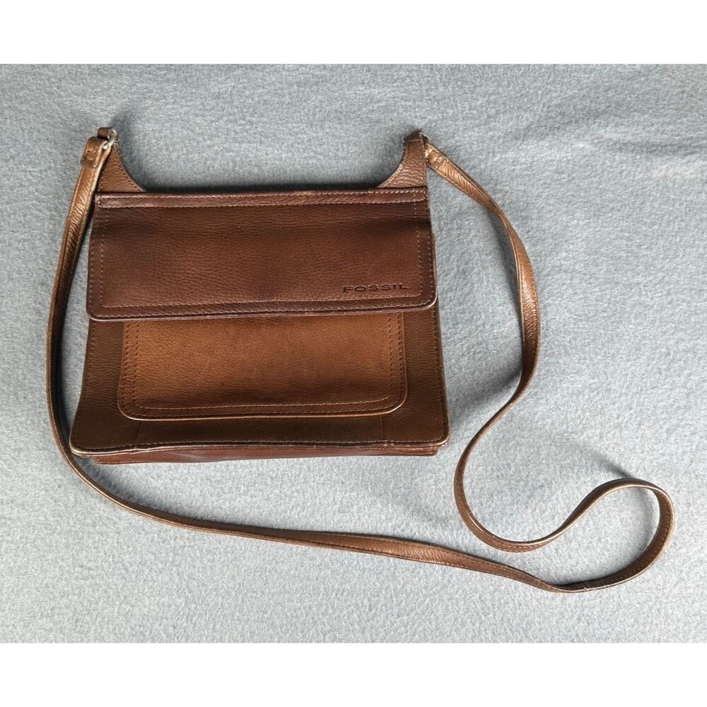 VTG Fossil Leather Crossbody Organizer Flap Saddle Bag Purse Brown Multi Pocket